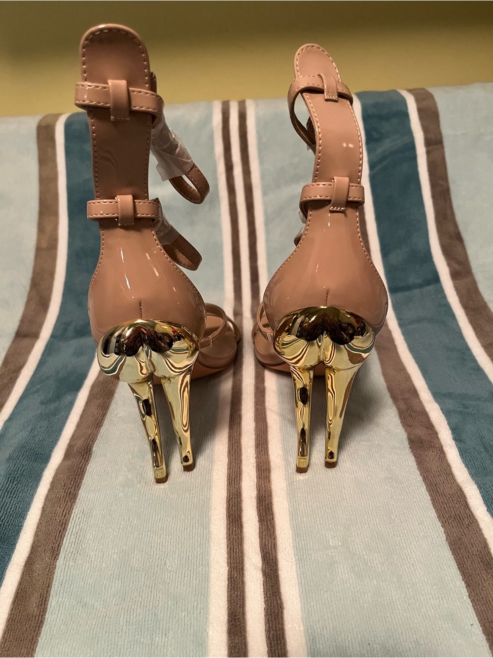 Nude Patent Strappy Heels with Gold Sculpted Stiletto